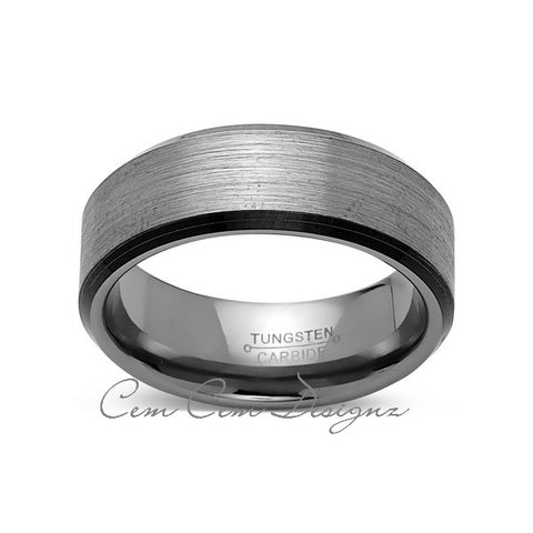 8mm,New,Unique,Flat,Gray Gun Metal Bushed,Black Tungsten Rings,Mens Wedding Band,Comfort Fit - LUXURY BANDS LA