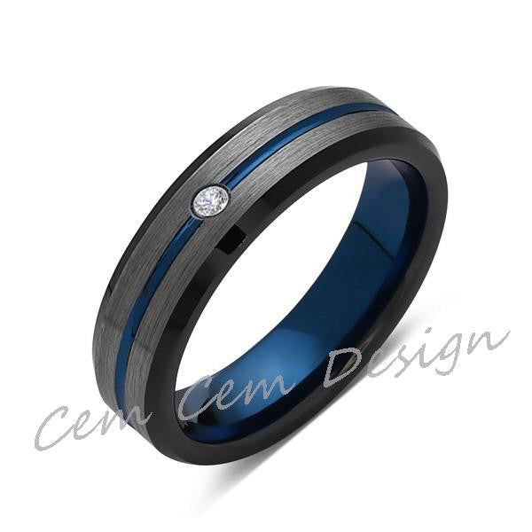 6mm,Diamond,Brushed Gun Metal,Gray and Black,Blue Tungsten Ring,Mens Wedding Band,Comfort Fit - LUXURY BANDS LA