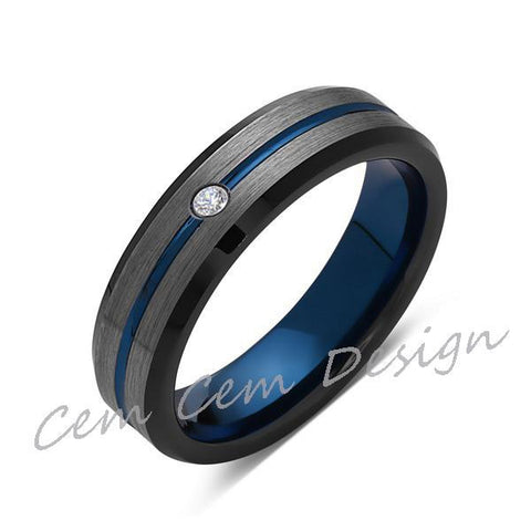 6mm,Diamond,Brushed Gun Metal,Gray and Black,Blue Tungsten Ring,Mens Wedding Band,Comfort Fit - LUXURY BANDS LA