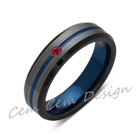 6mm,Red Ruby,Brushed Gun Metal,Gray and Black,Blue Tungsten Ring,Mens Wedding Band,Comfort Fit - LUXURY BANDS LA