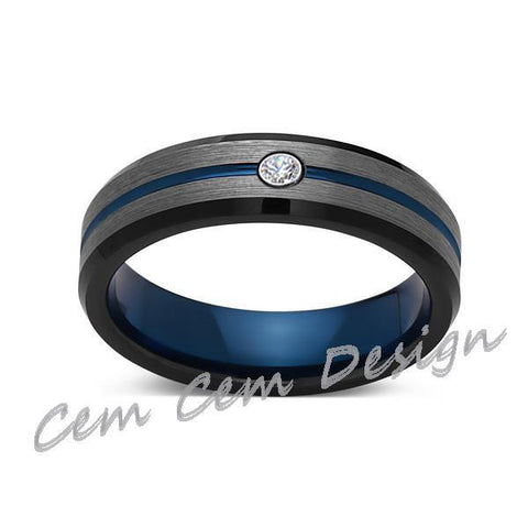 6mm,Diamond,Brushed Gun Metal,Gray and Black,Blue Tungsten Ring,Mens Wedding Band,Comfort Fit - LUXURY BANDS LA