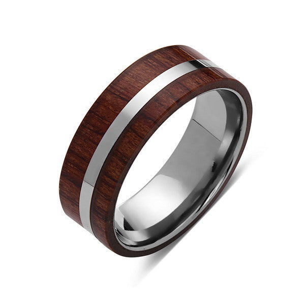 Koa Wood Wedding Ring - Silver Tungsten Band - Hawaiian Koa Wood - 8mm - Mens - Comfort Fit - LUXURY BANDS LA