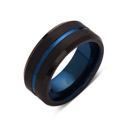 Blue Tungsten Wedding Band - Black Brushed Tungsten Ring - 8mm - Mens Ring - Tungsten Carbide - Engagement Band - Comfort Fit - LUXURY BANDS LA