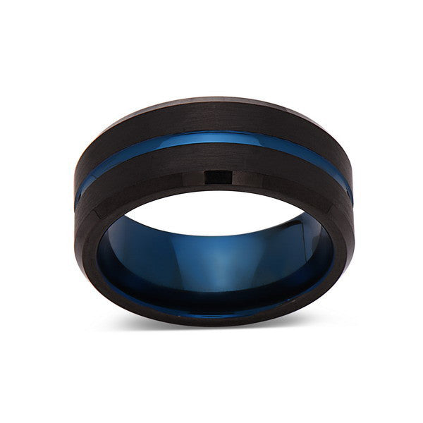 Blue Tungsten Wedding Band - Black Brushed Tungsten Ring - 8mm - Mens Ring - Tungsten Carbide - Engagement Band - Comfort Fit - LUXURY BANDS LA