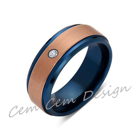8mm,Diamond,Brushed Rose Gold and Blue,Tungsten Ring,Mens Wedding Band,Blue Mens Ring,Comfort Fit - LUXURY BANDS LA
