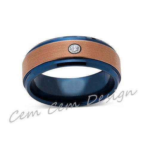 8mm,Diamond,Brushed Rose Gold and Blue,Tungsten Ring,Mens Wedding Band,Blue Mens Ring,Comfort Fit - LUXURY BANDS LA