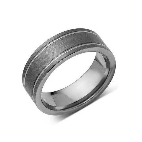 Gray Brushed Tungsten Ring - Pipe Cut - Groove - Gunmetal - 8mm - Engagement Band - LUXURY BANDS LA