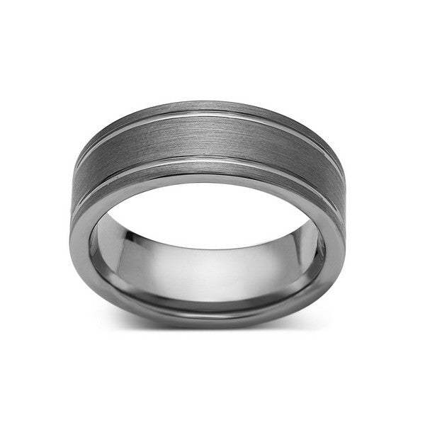 Gray Brushed Tungsten Ring - Pipe Cut - Groove - Gunmetal - 8mm - Engagement Band - LUXURY BANDS LA