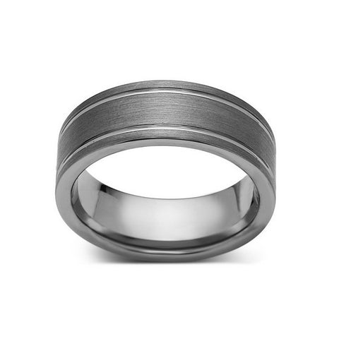 Gray Brushed Tungsten Ring - Pipe Cut - Groove - Gunmetal - 8mm - Engagement Band - LUXURY BANDS LA