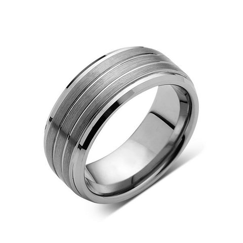 Gray Brushed Tungsten Ring - Pipe Cut - Setpped - Gunmetal - 8mm - Engagement Band - LUXURY BANDS LA