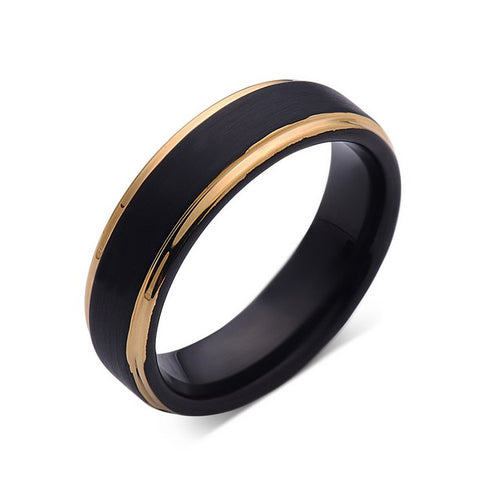 Black Tungsten Wedding Band - Black Brushed Ring - Yellow Gold - 6mm Ring - Engagment Band - Comfor Fit - LUXURY BANDS LA