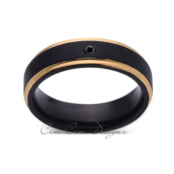 6mm,Mens,Black Diamond Band,Black Brushed,Yellow Gold,Tungsten Ring,Yellow  Gold,Wedding Ring,Comfort Fit - LUXURY BANDS LA