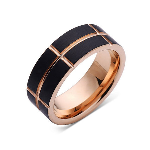 Rose Gold Tungsten Ring - Black Brushed Wedding Band - 8 mm Ring - Unique Engagment Band - Comfort Fit - LUXURY BANDS LA