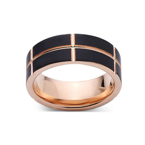 Rose Gold Tungsten Ring - Black Brushed Wedding Band - 8 mm Ring - Unique Engagment Band - Comfort Fit - LUXURY BANDS LA