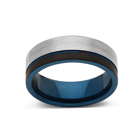 Blue Tungsten Wedding Band - Black Brushed - Gray Brushed Tungsten Ring - 8mm - Mens Ring - Tungsten Carbide - Engagement Band - Comfort Fit - LUXURY BANDS LA