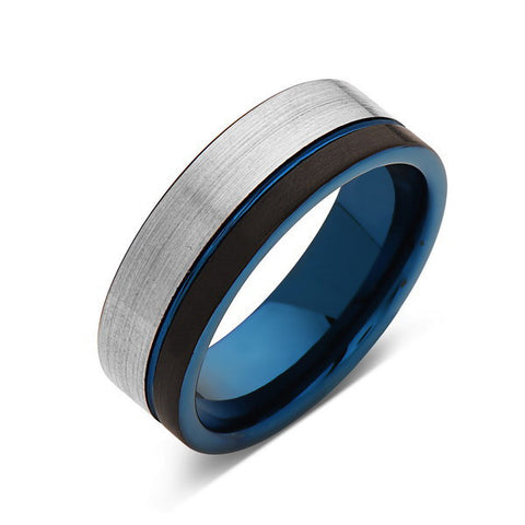 Blue Tungsten Wedding Band - Black Brushed - Gray Brushed Tungsten Ring - 8mm - Mens Ring - Tungsten Carbide - Engagement Band - Comfort Fit - LUXURY BANDS LA