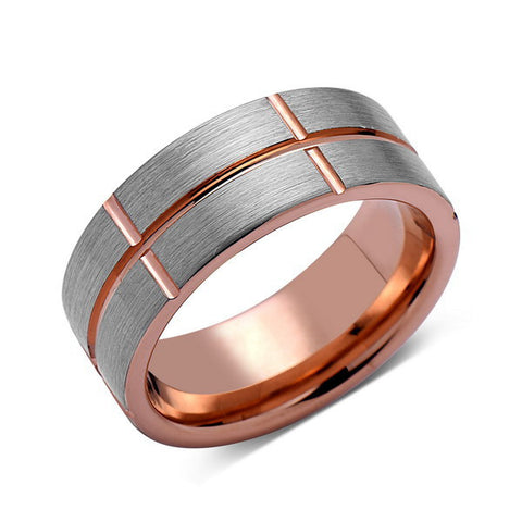 Rose Gold Tungsten Ring - Gray Brushed Wedding Band - 8 mm Ring - Cross Ring - Unique Engagment Band - Comfort Fit - LUXURY BANDS LA