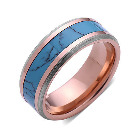 Turquoise Inlay Tungsten Ring - Rose Gold and Gray Tungsten Band - Turquoise Wedding Band - 8mm - Mens - Comfort Fit - LUXURY BANDS LA