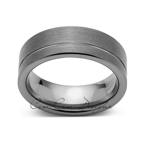 Gray Brushed Tungsten Ring - Pipe Cut - Groove - Gunmetal - 8mm - Engagement Band - LUXURY BANDS LA