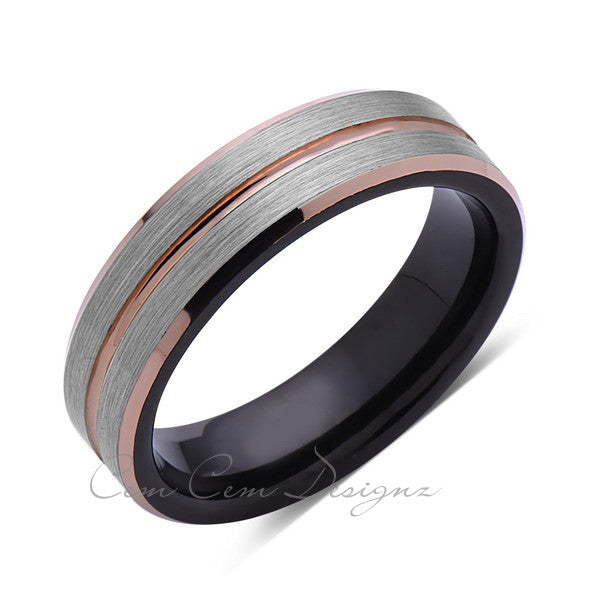 6mm,Brushed Gun Metal,Gray and Black Brushed,Rose Gold Groove,Tungsten Ring,Unisex Comfort Fit - LUXURY BANDS LA