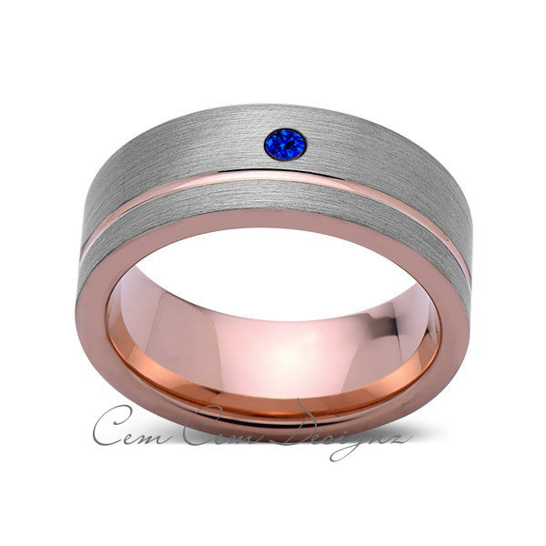 8mm,Mens,Blue Sapphire Ring,Brushed,Rose Gold,Tungsten Ring,Rose Gold,Wedding Band,Comfort Fit - LUXURY BANDS LA