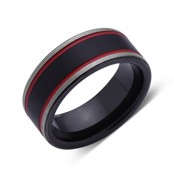 Black and Red Brushed Tungsten Ring - Gray Tungsten Wedding Band - 8mm - Mens Ring - LUXURY BANDS LA