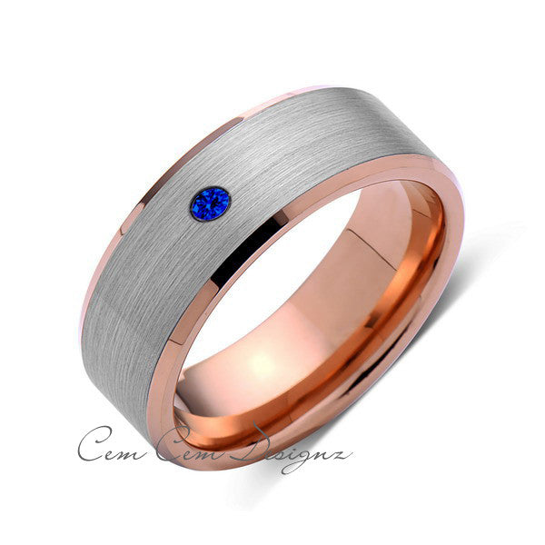 8 mm,Mens,Blue Sapphire,Rose Gold,Wedding Band,,Gray,Brushed,Rose Gold,Birthstone,Tungsten Ring,Comfort Fit - LUXURY BANDS LA
