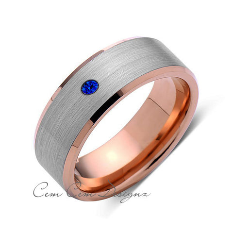 8 mm,Mens,Blue Sapphire,Rose Gold,Wedding Band,,Gray,Brushed,Rose Gold,Birthstone,Tungsten Ring,Comfort Fit - LUXURY BANDS LA