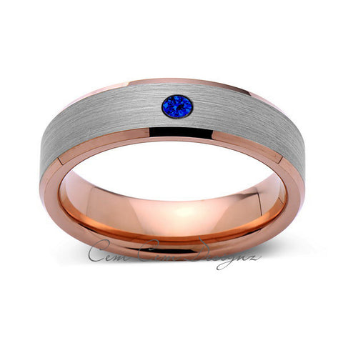6mm,Mens,Blue Sapphire,Rose Gold,Wedding Band,,Gray,Brushed,Rose Gold,Birthstone,Tungsten Ring,Comfort Fit - LUXURY BANDS LA
