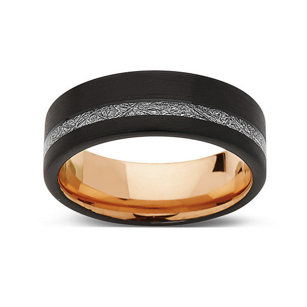 Rose Gold Tungsten Wedding Band - Meteorite Tungsten Inlay Ring - 8mm Ring - Unique Engagement Band - Comfort Fit - LUXURY BANDS LA