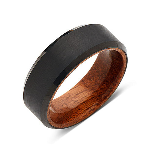 Koa Wood Wedding Ring - Black Brushed Tungsten Band - Hawaiian Koa Wood - 8mm - Mens - Comfort Fit - LUXURY BANDS LA