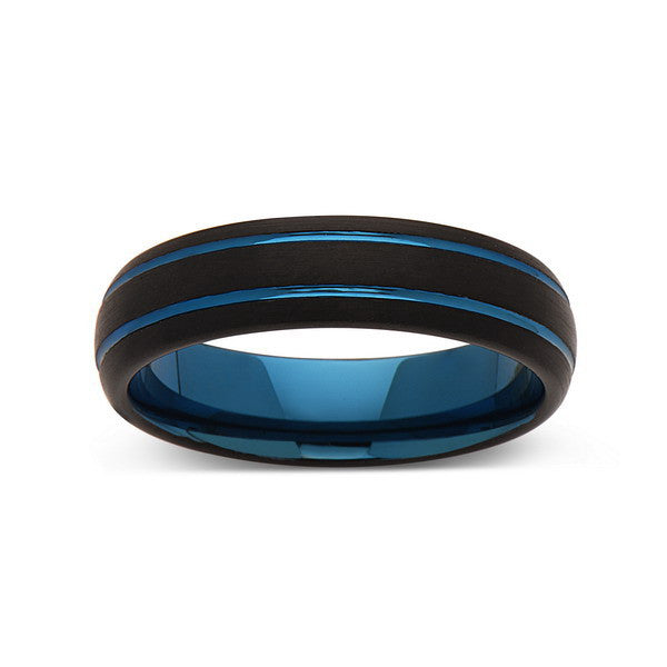 Blue Tungsten Wedding Band - Black Brushed Tungsten Ring - 6mm - Mens Ring - Tungsten Carbide - Engagement Band - Comfort Fit - LUXURY BANDS LA