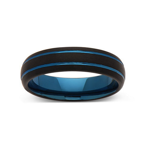Blue Tungsten Wedding Band - Black Brushed Tungsten Ring - 6mm - Mens Ring - Tungsten Carbide - Engagement Band - Comfort Fit - LUXURY BANDS LA