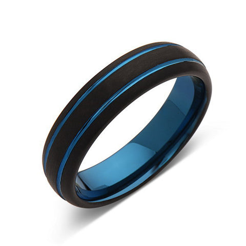 Blue Tungsten Wedding Band - Black Brushed Tungsten Ring - 6mm - Mens Ring - Tungsten Carbide - Engagement Band - Comfort Fit - LUXURY BANDS LA