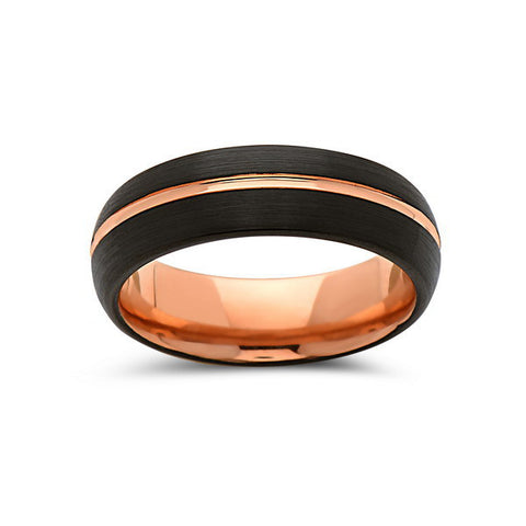 Rose Gold Tungsten Wedding Band - Black - Rose Groove Brushed Ring - 6mm - Dome Ring - Unique - Engagment Band - Comfort Fit - LUXURY BANDS LA