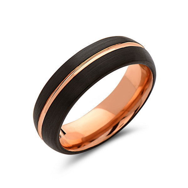Rose Gold Tungsten Wedding Band - Black - Rose Groove Brushed Ring - 6mm - Dome Ring - Unique - Engagment Band - Comfort Fit Rose Gold Tungsten Wedding Band - Black - Rose Groove Brushed Ring - 6mm - Dome Ring - Unique - Engagment Band - Comfort Fit