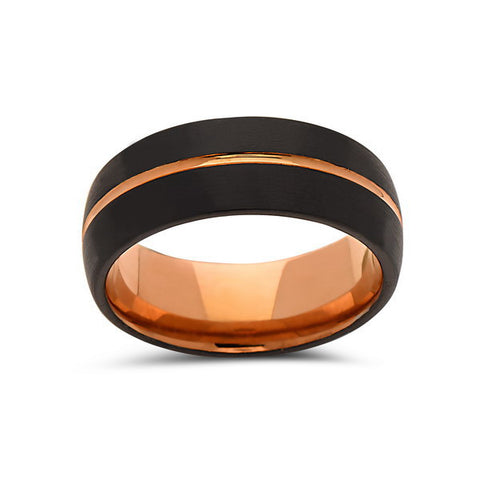 Rose Gold Tungsten Wedding Band - Black - Rose Groove Brushed Ring - 8mm - Dome - Unique - Engagement Band - Comfort Fit - LUXURY BANDS LA