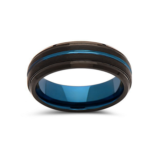 Blue Tungsten Wedding Band - Black Brushed Tungsten Ring - 6mm - Stepped- Mens Ring - Tungsten Carbide - Engagement Band - Comfort Fit - LUXURY BANDS LA