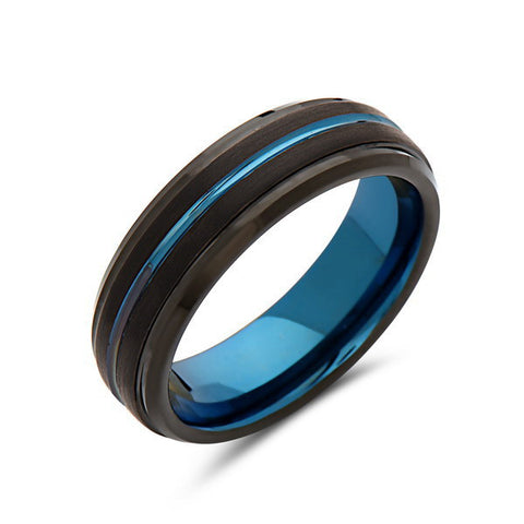 Blue Tungsten Wedding Band - Black Brushed Tungsten Ring - 6mm - Stepped- Mens Ring - Tungsten Carbide - Engagement Band - Comfort Fit - LUXURY BANDS LA