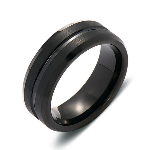 Black Brushed Tungsten Wedding Band - 8MM - Black Groove - Mens Engagement Ring - LUXURY BANDS LA