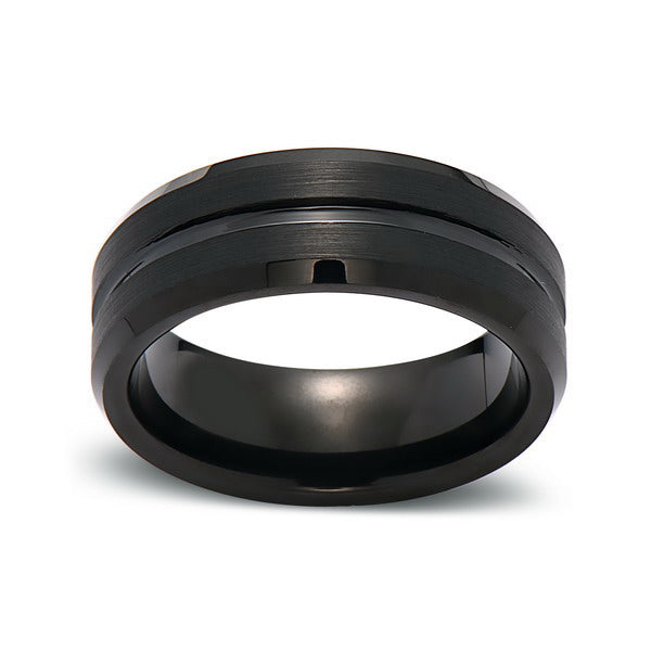Black Brushed Tungsten Wedding Band - 8MM - Black Groove - Mens Engagement Ring - LUXURY BANDS LA