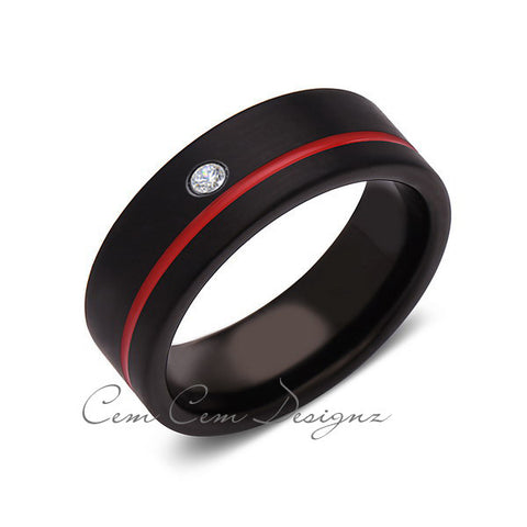 8mm,Mens,Diamond,Red Ring,,Black,Brushed,Red Band,Tungsten Ring,Birthstone,Wedding Band,Comfort Fit - LUXURY BANDS LA