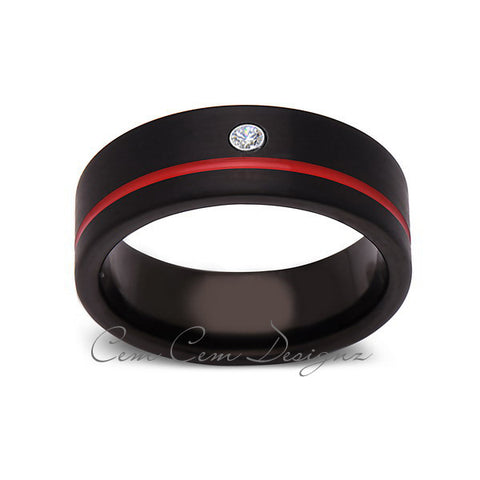 8mm,Mens,Diamond,Red Ring,,Black,Brushed,Red Band,Tungsten Ring,Birthstone,Wedding Band,Comfort Fit - LUXURY BANDS LA