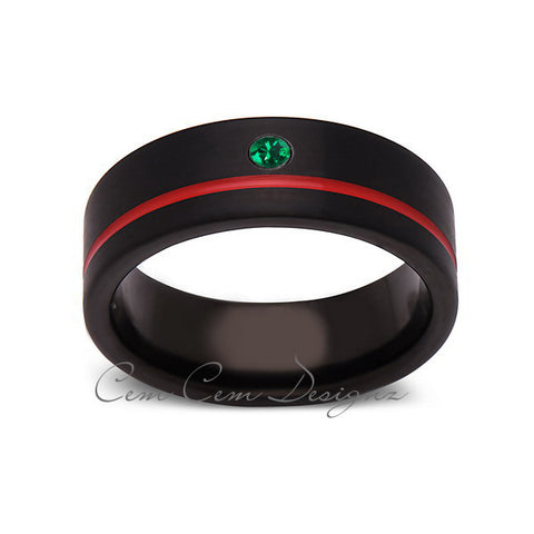 8mm,Green Emerald,Mens Diamond Ring,Black Brushed, Red Groove,Tungsten Ring,Wedding Band,Red,Comfort Fit - LUXURY BANDS LA