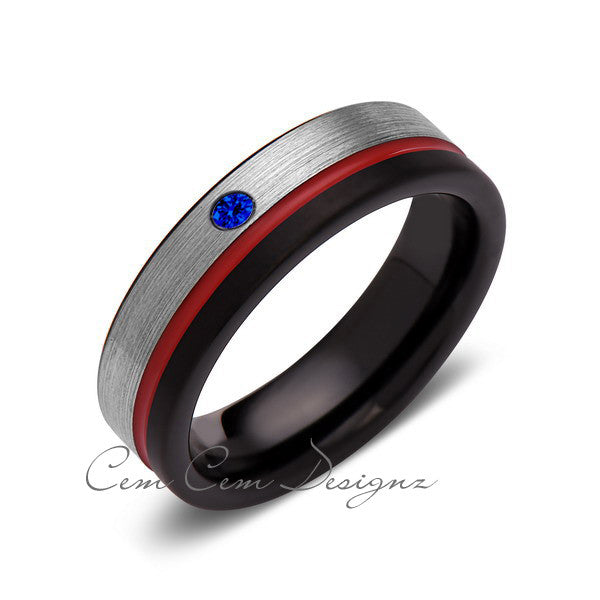 6mm,Blue Sapphire,Mens Diamond Ring,Gray,Black Brushed, Red Groove,Tungsten Ring,Wedding Band,Red,Comfort Fit - LUXURY BANDS LA