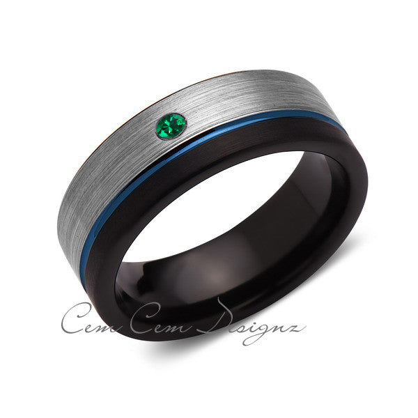 8mm,Green Emerald,Mens Diamond Ring,Gray,Black Brushed, Blue Groove,Tungsten Ring,Wedding Band,Comfort Fit - LUXURY BANDS LA