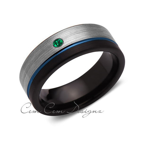 8mm,Green Emerald,Mens Diamond Ring,Gray,Black Brushed, Blue Groove,Tungsten Ring,Wedding Band,Comfort Fit - LUXURY BANDS LA