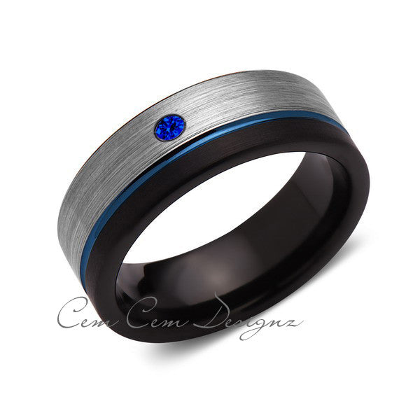8mm,Blue Sapphire,Mens Diamond Ring,Gray,Black Brushed, Blue Groove,Tungsten Ring,Wedding Band,Blue,Comfort Fit - LUXURY BANDS LA