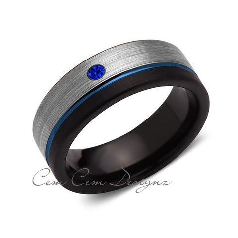 8mm,Blue Sapphire,Mens Diamond Ring,Gray,Black Brushed, Blue Groove,Tungsten Ring,Wedding Band,Blue,Comfort Fit - LUXURY BANDS LA