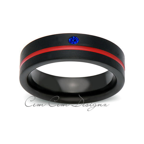 6mm,Blue Sapphire,Mens Diamond Ring,Black Brushed, Red Groove,Tungsten Ring,Wedding Band,Red,Comfort Fit - LUXURY BANDS LA